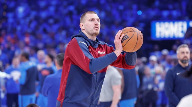 Nuggets center Nikola Jokic (15) warms up before game seven of the second round against the Oklahoma City Thunder for the 2025 NBA Playoffs at Paycom Center