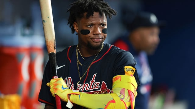 Aug 27, 2025; Miami, Florida, USA; Atlanta Braves designated hitter Ronald Acuna (13) swings his bat inside the dugout against the Miami Marlins during the fourth inning at loanDepot Park. Mandatory Credit: Sam Navarro-Imagn Images