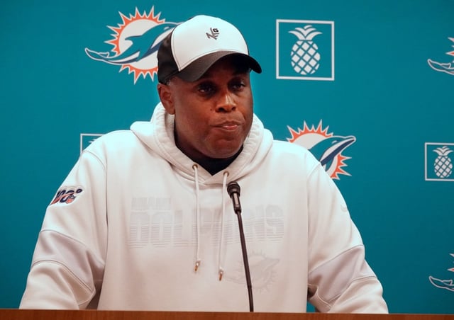 Miami Dolphins General Manager Chris Grier speaks to the media Wednesday, Aug. 27, 2025, at the Baptist Health Training Complex in Miami Gardens. (Joe Cavaretta/South Florida Sun Sentinel)