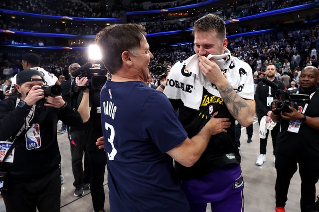 Mark Cuban embraces Luka Doncic #77 of the Los Angeles Lakers after the game against the Dallas Mavericks at American Airlines Center on April 09, 2025 in Dallas, Texas. NOTE TO USER: User expressly acknowledges and agrees that, by downloading and or using this photograph, user is consenting to the terms and conditions of the Getty Images License Agreement.