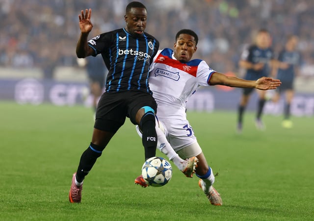Soccer Football - UEFA Champions League - Play Off - Second Leg - Club Brugge v Rangers - Jan Breydelstadion, Brugge, Belgium - August 27, 2025 Club Brugge's Carlos Forbs in action with Rangers' Jayden Meghoma REUTERS/Yves Herman