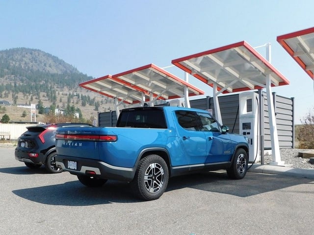 A Rivian R1T charges up at an Electrify Canada station in Merritt, B.C.