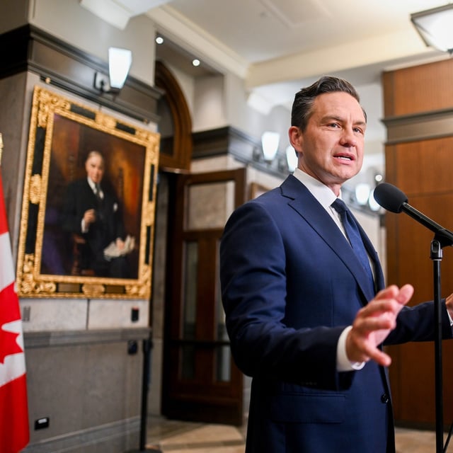 Conservative Party Leader Pierre Poilievre speaks during a press conference in the Foyer of the House of Commons in Ottawa, on Friday, Aug. 22, 2025. THE CANADIAN PRESS/Spencer Colby