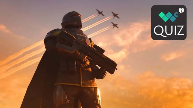 Helldiver holding a gun and looking up with three air craft in the sky behind him. 