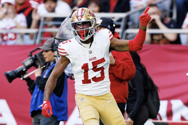 Wide receiver Jauan Jennings #15 of the San Francisco 49ers celebrates after competing a catch during the first half of an NFL football game against the Arizona Cardinals at State Farm Stadium on January 5, 2025 in Glendale, Arizona.