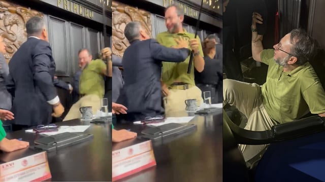 Emiliano intentó intervenir en la pelea entre Alito Moreno y Noroña pero se llevó la peor parte y acabó en el suelo; procederá con denuncia. | Captura de video