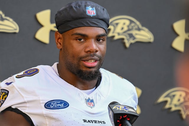 Ravens inside linebacker Jay Higgins IV speaks with the media after practice at Under Armour Performance Center. (Kevin Richardson/Sun Staff)