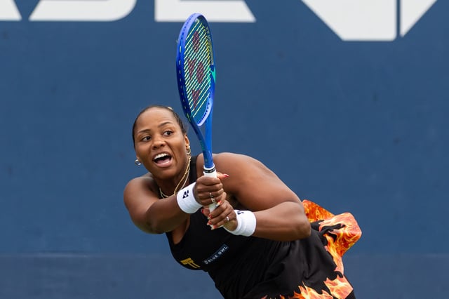 Aug 27, 2025; Flushing, NY, USA; Taylor Townsend of the United States in action against Jelena Ostapenko in the second round of the women’s singles at the US Open at Billie Jean King National Tennis Center. Mandatory Credit: Mike Frey-Imagn Images