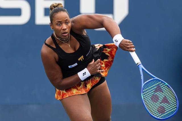 Aug 27, 2025; Flushing, NY, USA; Taylor Townsend of the United States in action against Jelena Ostapenko in the second round of the women’s singles at the US Open at Billie Jean King National Tennis Center. Mandatory Credit: Mike Frey-Imagn Images