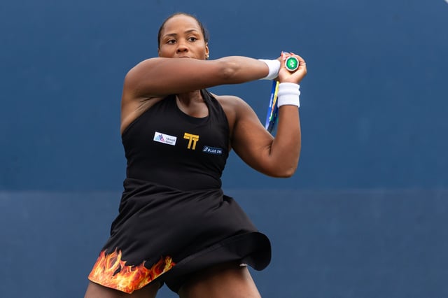 Aug 27, 2025; Flushing, NY, USA; Taylor Townsend of the United States in action against Jelena Ostapenko in the second round of the women’s singles at the US Open at Billie Jean King National Tennis Center. Mandatory Credit: Mike Frey-Imagn Images