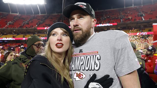 Taylor Swift and Travis Kelce in Kansas City, Mo., on Jan. 26.