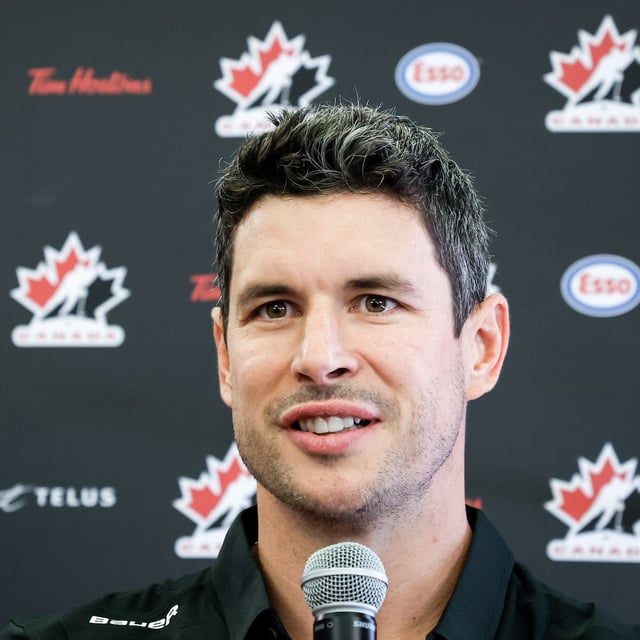 Team Canada hockey player Sidney Crosby speaks to the media at Hockey Canada’s National Teams orientation camp in Calgary, Wednesday, Aug. 27, 2025. THE CANADIAN PRESS/Jeff McIntosh