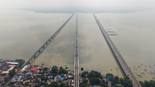 An aerial view of the Ganga river in spate, in Prayagraj (PTI)