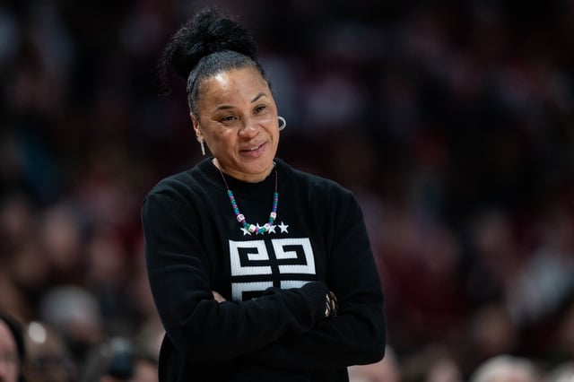 Head coach Dawn Staley of the South Carolina Gamecocks looks on during their game against the Georgia Lady Bulldogs at Colonial Life Arena on February 18, 2024 in Columbia, South Carolina.