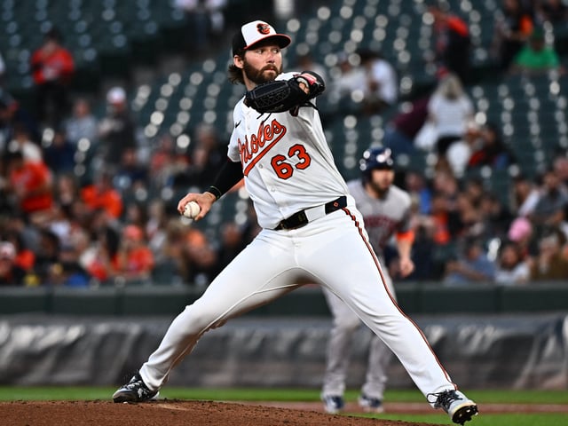Aug 21, 2025; Baltimore, Maryland, USA;  Baltimore Orioles pitcher Brandon Young (63) delivers a pitch during the second inning against the Houston Astros at Oriole Park at Camden Yards. Mandatory Credit: James A. Pittman-Imagn Images/File Photo