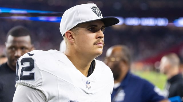 Aug 23, 2025; Glendale, Arizona, USA; Las Vegas Raiders quarterback Aidan O'Connell (12) against the Arizona Cardinals during a preseason NFL game at State Farm Stadium. Mandatory Credit: Mark J. Rebilas-Imagn Images