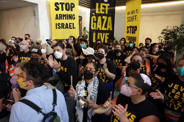 Jewish Bay Area residents stage a sit-in protest in the lobby of Sen. Alex Padilla’s office in San Francisco, calling for a stop to the Israel-Hamas war on Wednesday, Aug. 27, 2025.