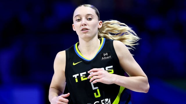 Aug 24, 2025; Arlington, Texas, USA; Dallas Wings guard Paige Bueckers (5) in action against the Golden State Valkyries during the second half at College Park Center. Mandatory Credit: Kevin Jairaj-Imagn Images