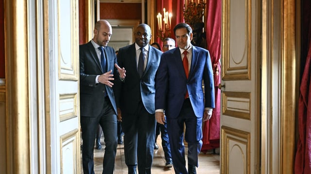 France's Minister for Europe and Foreign Affairs Jean-Noël Barrot, Britain's Foreign Secretary David Lammy and Secretary of State Marco Rubio in Paris in April. Photo: Julien De Rosa/Pool/AFP via Getty Images