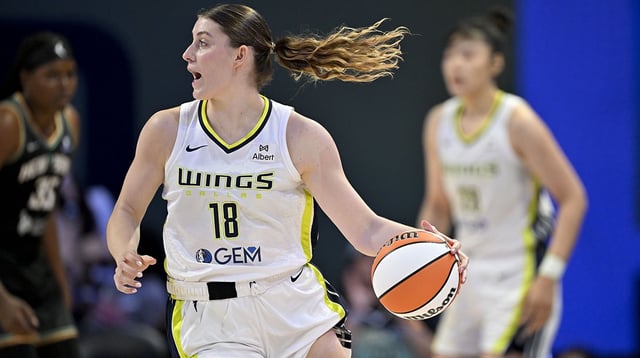 Aug 8, 2025; Arlington, Texas, USA; Dallas Wings center Luisa Geiselsoder (18) in action during the game between the Dallas Wings and the New York Liberty at College Park Center. Mandatory Credit: Jerome Miron-Imagn Images