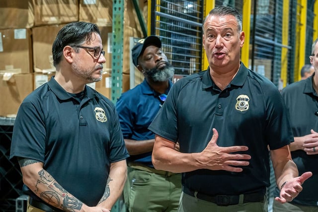 Todd Lyons, right, acting director of U.S. Immigration and Customs Enforcement speaks to the press at the Federal Law Enforcement Training Centers in Brunswick, Georgia, on Aug. 21, 2025, about the training program ICE officers go through.