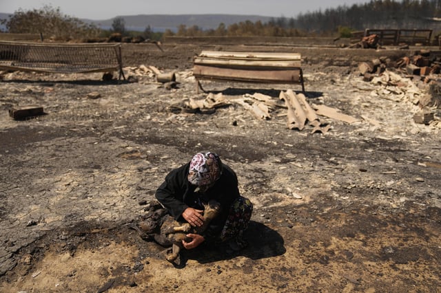 FILE - Local farmer Turkan Ozkan, 64, cries next to one of her animals killed during a wildfire in Guzelyeli, on the outskirts of Canakkale, northwest Turkey, Aug. 12, 2025. (AP Photo/Khalil Hamra, File)