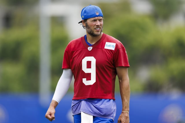 Matthew Stafford #9 of the Los Angeles Rams walks off the field during an OTA offseason workout on June 3, 2025 in Woodland Hills, California.