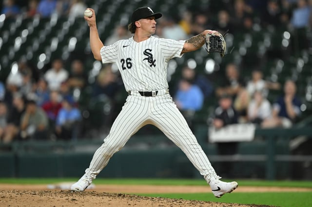 Korey Lee #26 of the Chicago White Sox pitches against the Kansas City Royals during the eighth inning at Rate Field on Aug. 27, 2025 in Chicago, Illinois. (Photo by Daniel Bartel/Getty Images)