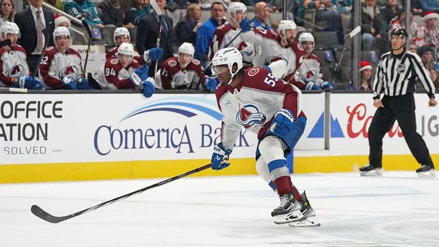 Dec 19, 2024; San Jose, California, USA; Colorado Avalanche right wing Givani Smith (55) skates toward the action against the San Jose Sharks in the first period at SAP Center at San Jose. Mandatory Credit: David Gonzales-Imagn Images