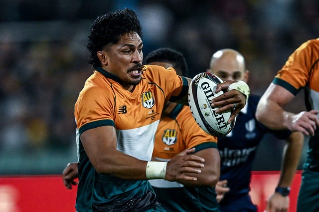 ADELAIDE, AUSTRALIA - JULY 12: Pete Samu of AUNZ tackled by Duhan Van Der Merwe of the Lions during the tour match between AUNZ XV and British & Irish Lions at the Adelaide Oval on July 12, 2025 in Adelaide, Australia. (Photo by Mark Brake/Getty Images)
