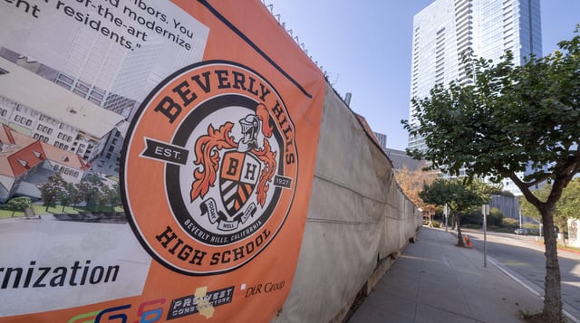 Signs at Beverly Hills High School in Beverly, Hills, Callfornia, on Dec. 9, 2024. (Brian van der Brug / Los Angeles Times via Getty Images)