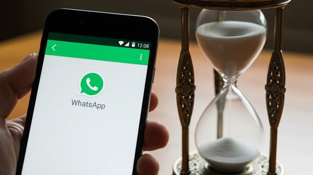 Smartphone mit WhatsApp, dahinter eine Sanduhr