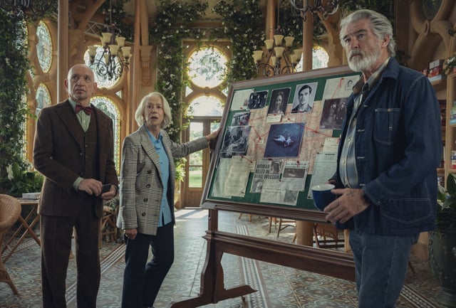Sir Ben Kingsley, Helen Mirren, Pierce Brosnan in Netflix's Thursday Murder Club.