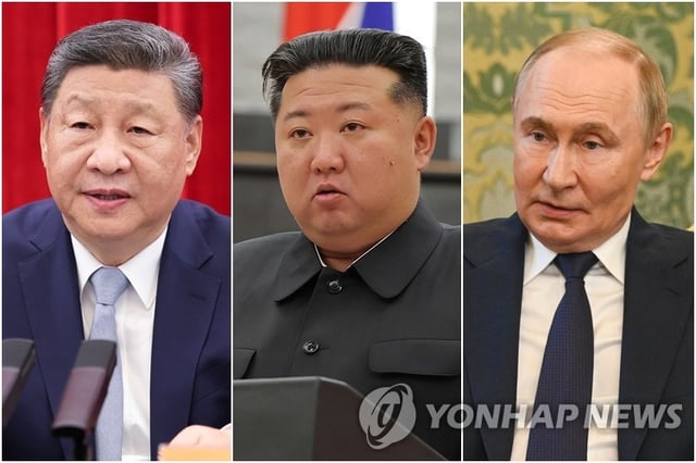 This composite photo, released by the Korean Central News Agency, Xinhua and Tass, shows (from L to R) Chinese President Xi Jinping, North Korean leader Kim Jong-un and Russian President Vladimir Putin. (For Use Only in the Republic of Korea. No Redistribution) (PHOTO NOT FOR SALE) (Yonhap)