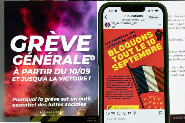 Une publication sur un réseau social, le 22 août 2025, appelant à une grève générale le 10 septembre 2025, après à un appel initialement lancé par le mouvement "Bloquons tout" contre les coupes budgétaires voulues par le Premier ministre François Bayrou