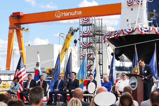 Dong Kwan Kim, Vice Chairman of Hanwha Group, delivers welcome speech at the ship naming ceremony held at Hanwha Philly Shipyard, with South Korean President Lee Jae Myung and Pennsylvania Governor Josh Shapiro present. Credit: Hanwha.