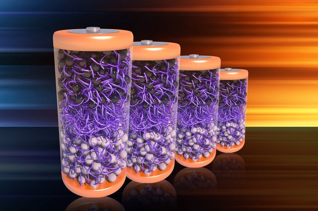 A depiction of batteries made with MIT researchers’ new electrolyte material, which is made from a class of molecules that self-assemble in water, named aramid amphiphiles (AAs), whose chemical structures and stability mimic Kevlar.