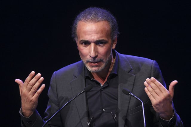 FILE - Muslim scholar Tariq Ramadan delivers a speech during a French Muslim organizations meeting in Lille, northern France, Feb. 7, 2016. (AP Photo/Michel Spingler, File)