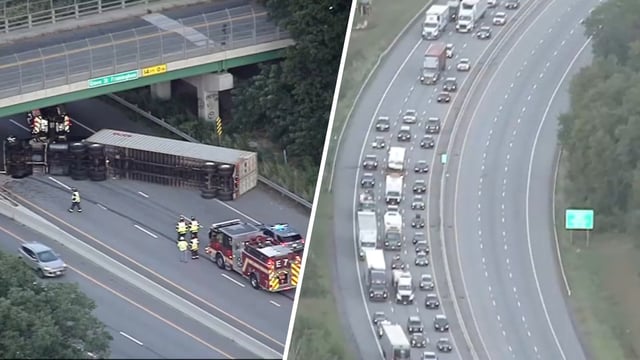 A tractor trailer rollover on Interstate 90 in Framingham, Massachusetts, is causing significant traffic delays Thursday morning, Aug. 28, 2025.