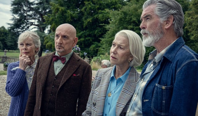 From left:: Celia Imrie, Ben Kingsley, Helen Mirren and Pierce Brosnan in "The Thursday Murder Club." (Netflix)