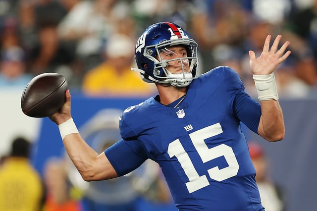 EAST RUTHERFORD, NEW JERSEY - AUGUST 16: Tommy DeVito #15 of the New York Giants in action during the NFL Preseason 2025 game between New York Jets and New York Giants at MetLife Stadium on August 16, 2025 in East Rutherford, New Jersey. The Giants won 31-12.