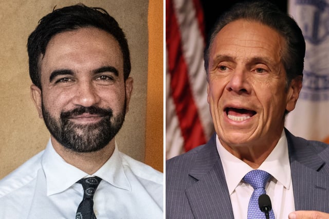 Zohran Mamdani at Little Flower cafe in Astoria on August 24, 2025 in New York City (left) and former Governor Andrew Cuomo speaks during a press conference at the Times Square Sheraton on August 21, 2025 in New York City (right).