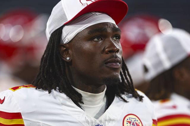 JACKSONVILLE, FL - AUGUST 10: Rashee Rice #4 of the Kansas City Chiefs stands on the sidelines during an NFL preseason football game against the Jacksonville Jaguars at EverBank Stadium on August 10, 2024 in Jacksonville, Florida. (Photo by Kevin Sabitus/Getty Images)