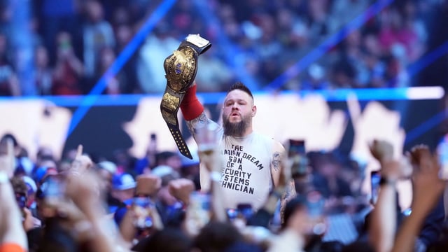 Feb 1, 2025; Indianapolis, IN, USA; Kevin Owens enters the arena during the WWE Undisputed Championship match during the WWE Royal Rumble at Lucas Oil Stadium. Mandatory Credit: Joe Camporeale-Imagn Images.