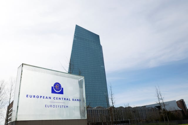 A view shows the logo of the European Central Bank (ECB) outside its headquarters in Frankfurt, Germany March 16, 2023. REUTERS/Heiko Becker/File Photo