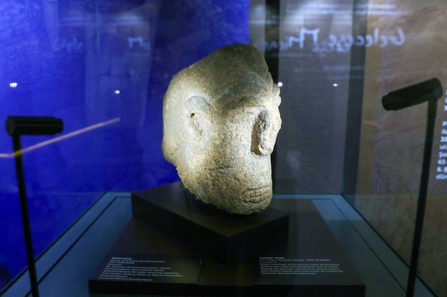 A human head-shaped sculpture, discovered at the Karahan Tepe archaeological site, is displayed at the "Golden Age of Archaeology" exhibition at the Presidential Complex Exhibition Hall in Ankara, Turkey, August 21, 2025. REUTERS/Cagla Gurdogan
