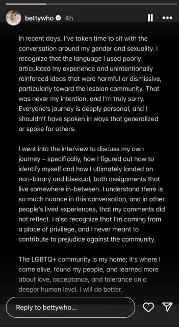 The statement posted to Betty Who's Instagram account