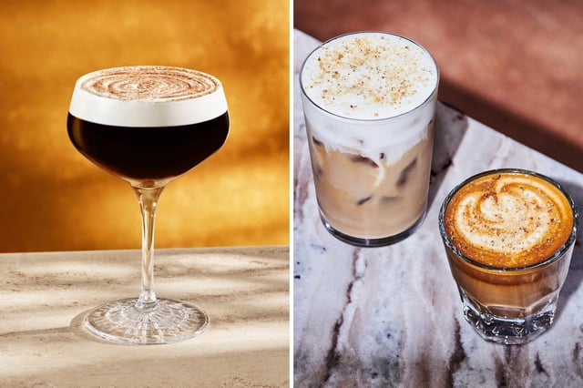 (L) The new Pumpkin Spice Whiskey Barrel Aged Manhattan available at Starbucks Reserve locations. (R) The Pecan Oatmilk Cortado, which combines three shots Starbucks Blonde Espresso with notes of pecan, rich brown butter and holiday baking spices and steamed oatmilk, it is then sprinkled with a pecan crunch topping and served hot in an 8-ounce cup.
