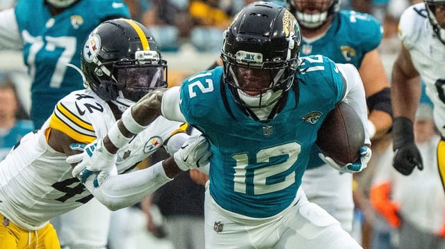 Jacksonville Jaguars wide receiver Travis Hunter (12) sheds Pittsburgh Steelers cornerback James Pierre (42) during the first half of the first preseason game where the Jacksonville Jaguars hosted the Pittsburgh Steelers Saturday Aug. 9, 2025, at EverBank Stadium in Jacksonville, Fla Doug Engle/Florida Times-Union / USA TODAY NETWORK via Imagn Images
