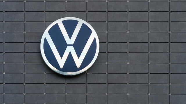 Volkswagen logo on the wall of a car dealer in Lahti, Finland. July 30, 2023.